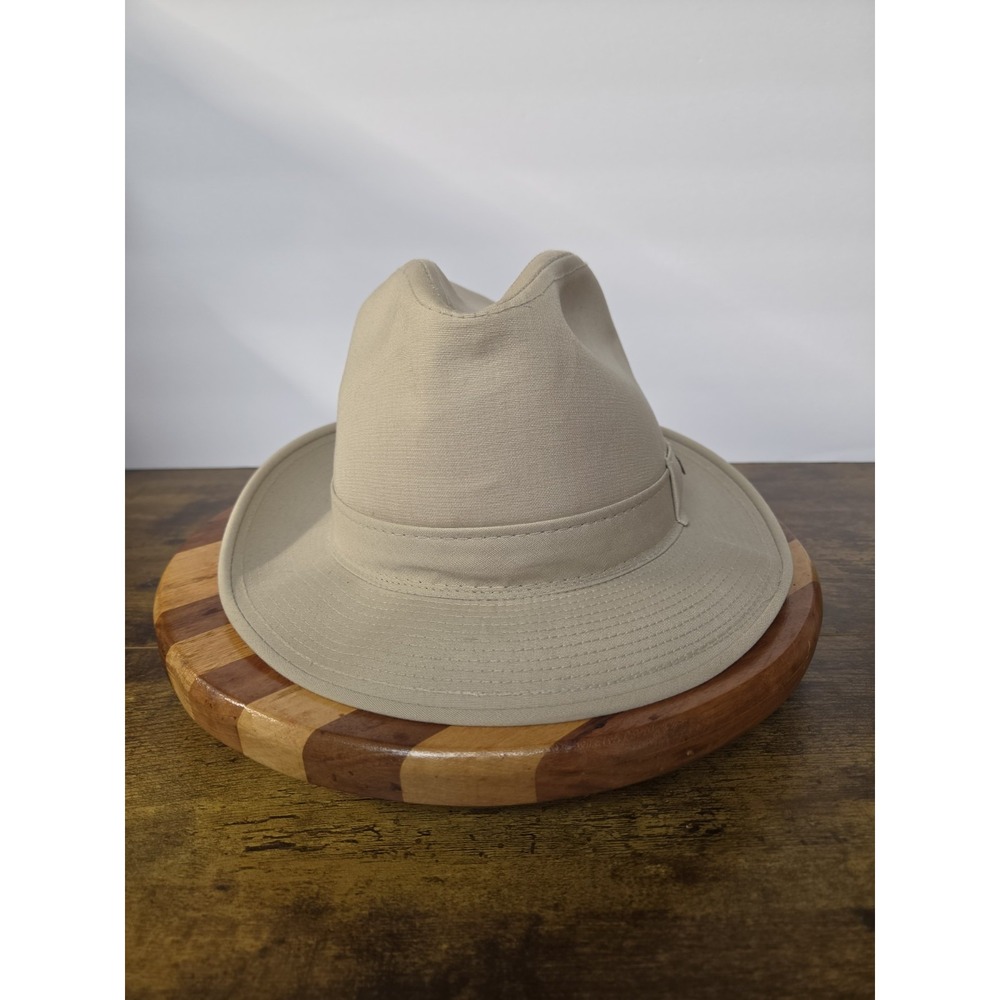 Vintage London Fog Mens Fedora Hat Size 7 Tan Khaki Canvas Metal FOG Badge